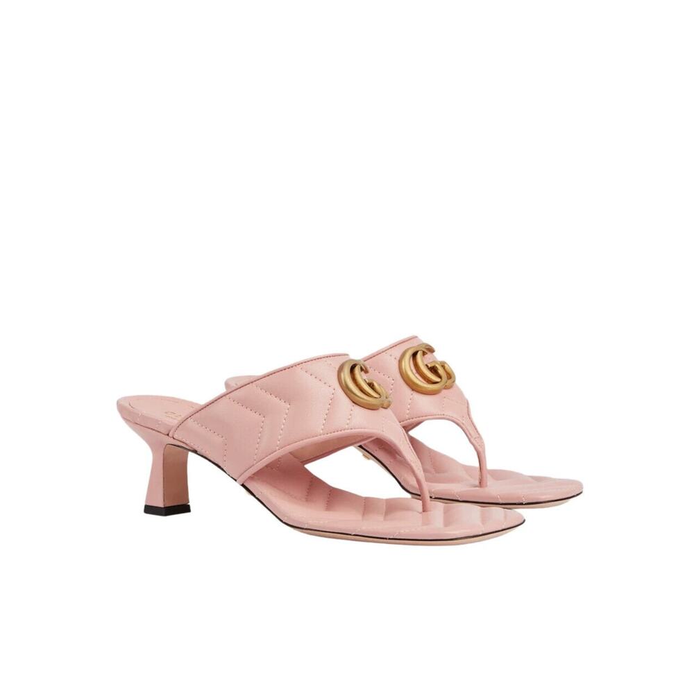 Gucci GG Marmont Chevron Matelassé Kitten Heel Thong Sandals Pink EU 38 US 8 NIB